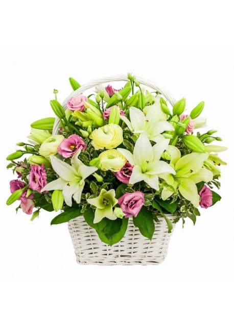 Gėlių krepšys su lelijomis ir eustomomis