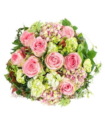 Švelniai rožinių spalvų puokštė su rožėmis