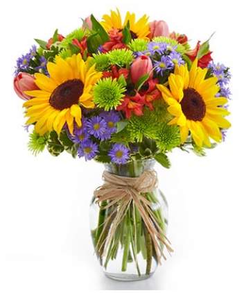 Gėlių puokštė su saulėgrąžomis